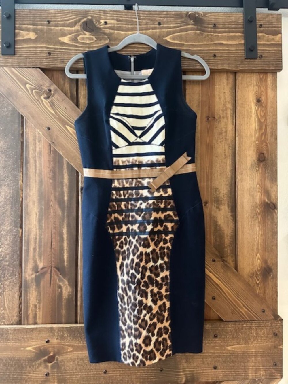 Tracy Reese | Bodycon Dress Navy Sleeveless, Striped Panel & Leopard Panel Sz 4